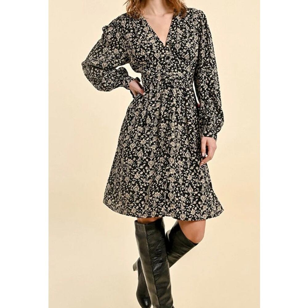 Vintage-Style Long Sleeve Button Front Bustier Dress Black & Ivory Floral  XS